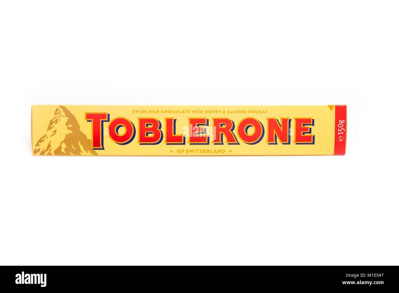 Bar of Toblerone chocolate isolated on a white studio background. Stock Photo