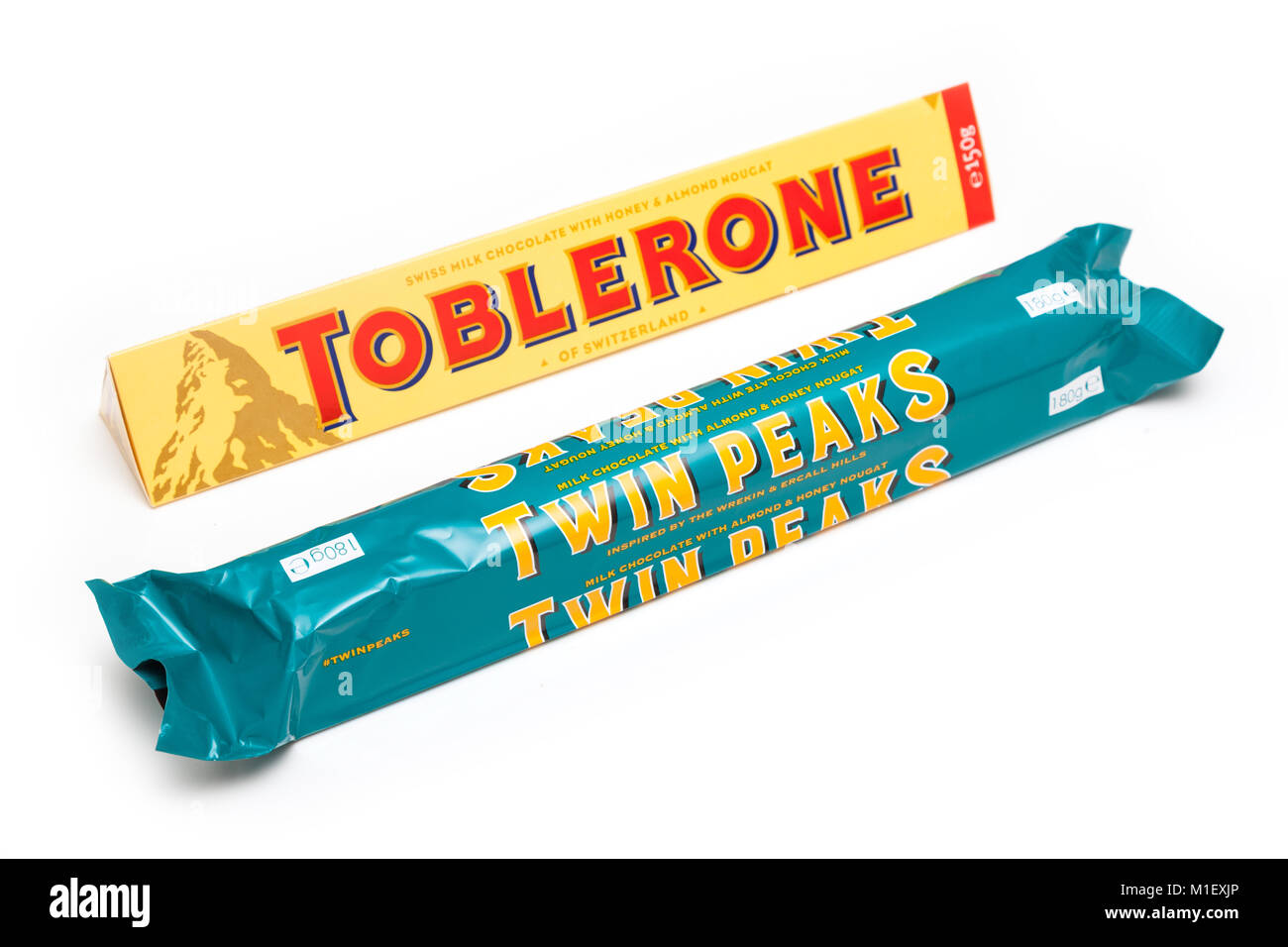 Bar of Toblerone chocolate and Poundland's Twin Peaks £1 chocolate bar