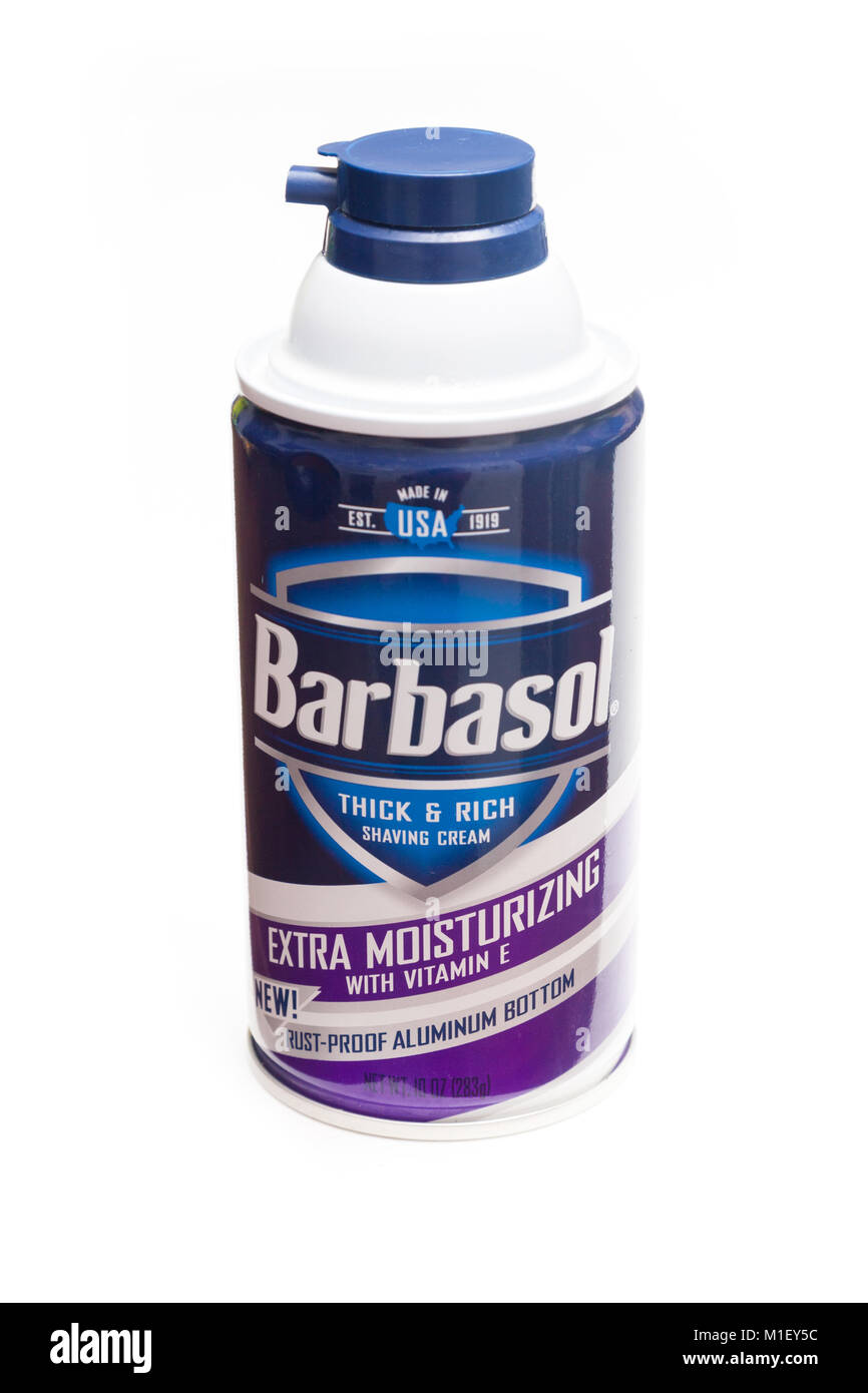 Can of Barbasol shaving cream  isolated on a white studio background.. Stock Photo