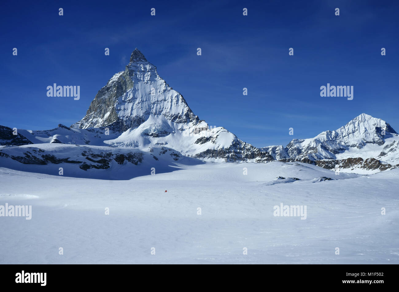 Matterhorn in winter, East wall and Mt. Dent Blanche seen from Trockener Steg, Zermatt, Valais, alps, Switzerland Stock Photo
