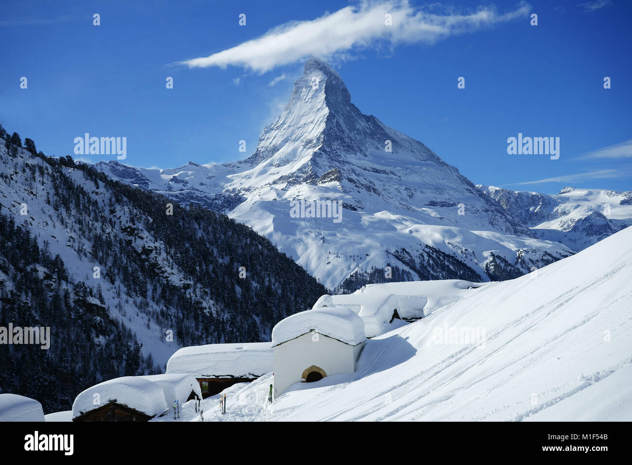 Alpine village Findeln below Sunnegga, Zermatt with Matterhorn, winter, Valais alps, Switzerland Stock Photo