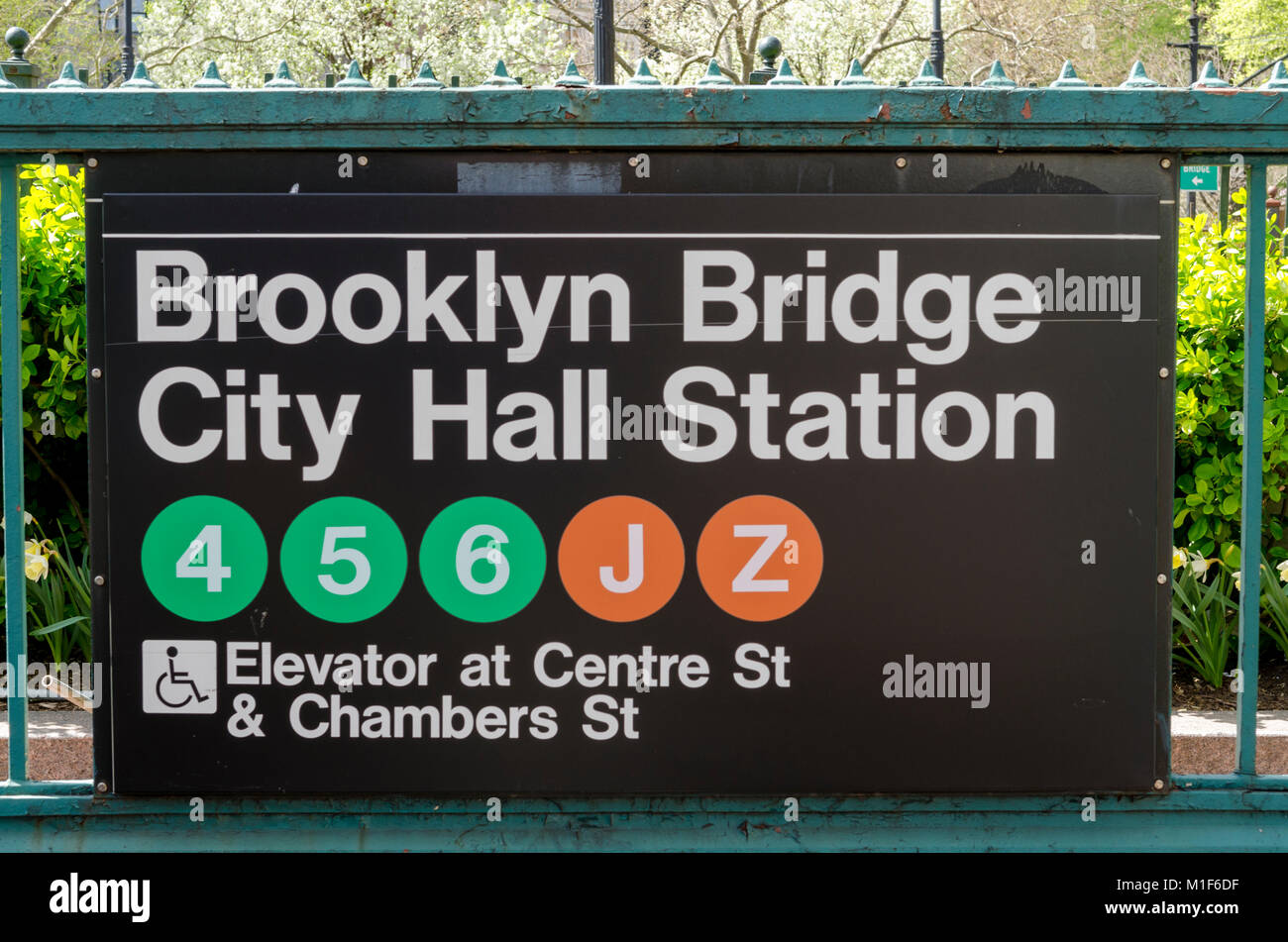 Brooklyn Bridge City Hall sign on outside of New York Metro station Stock Photo