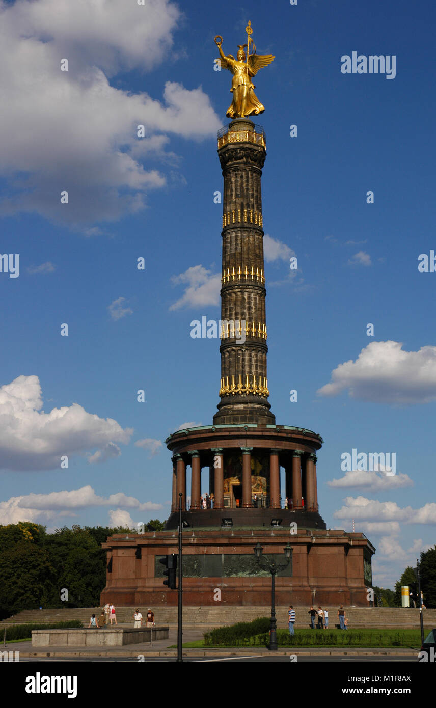 Germany. Berlin Victory Column. Designed by the German architect Heinrich Strack (1805-1880), after 1864. It commemorates the Prussian victory in the Danish-Prussian War although, as the monument was inaugurated in 1873, Prussia has also victorious in the Austro-Prussian War and in the Franco-Prussian War. On the top, is a bronze sculpture of Victoria, designed by the German sculptor Friedrich Drake (1805-1882). Tiergarten Park. Stock Photo