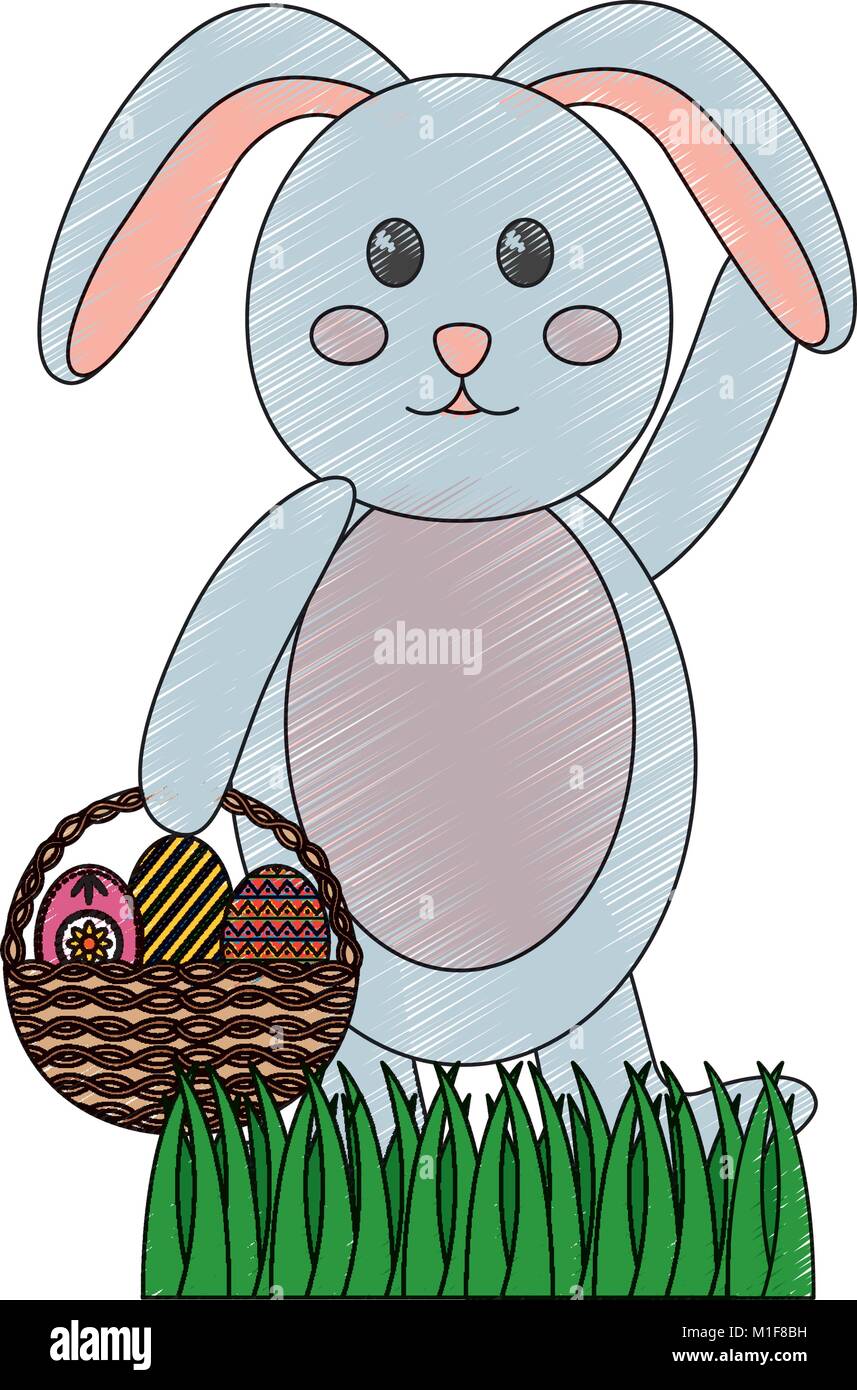 cute rabbit with a basket of easter eggs on grass Stock Vector Image ...