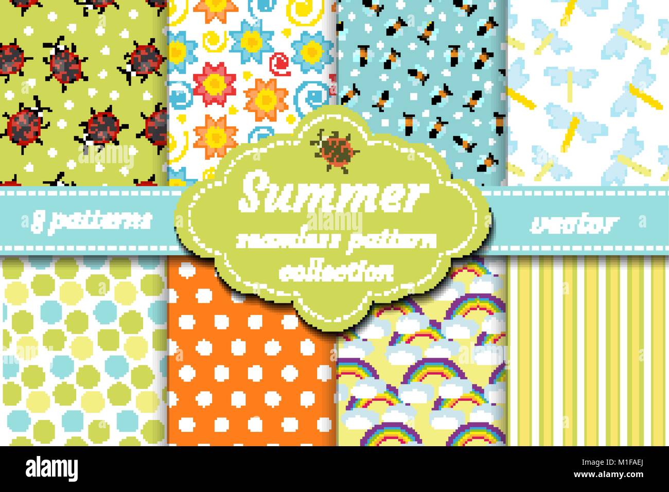 Cute insects seamless pattern set. Spring collection of ladybug and abstract repeating textures. Summer kids bee background, paper, wallpaper. Vector illustration. Stock Vector