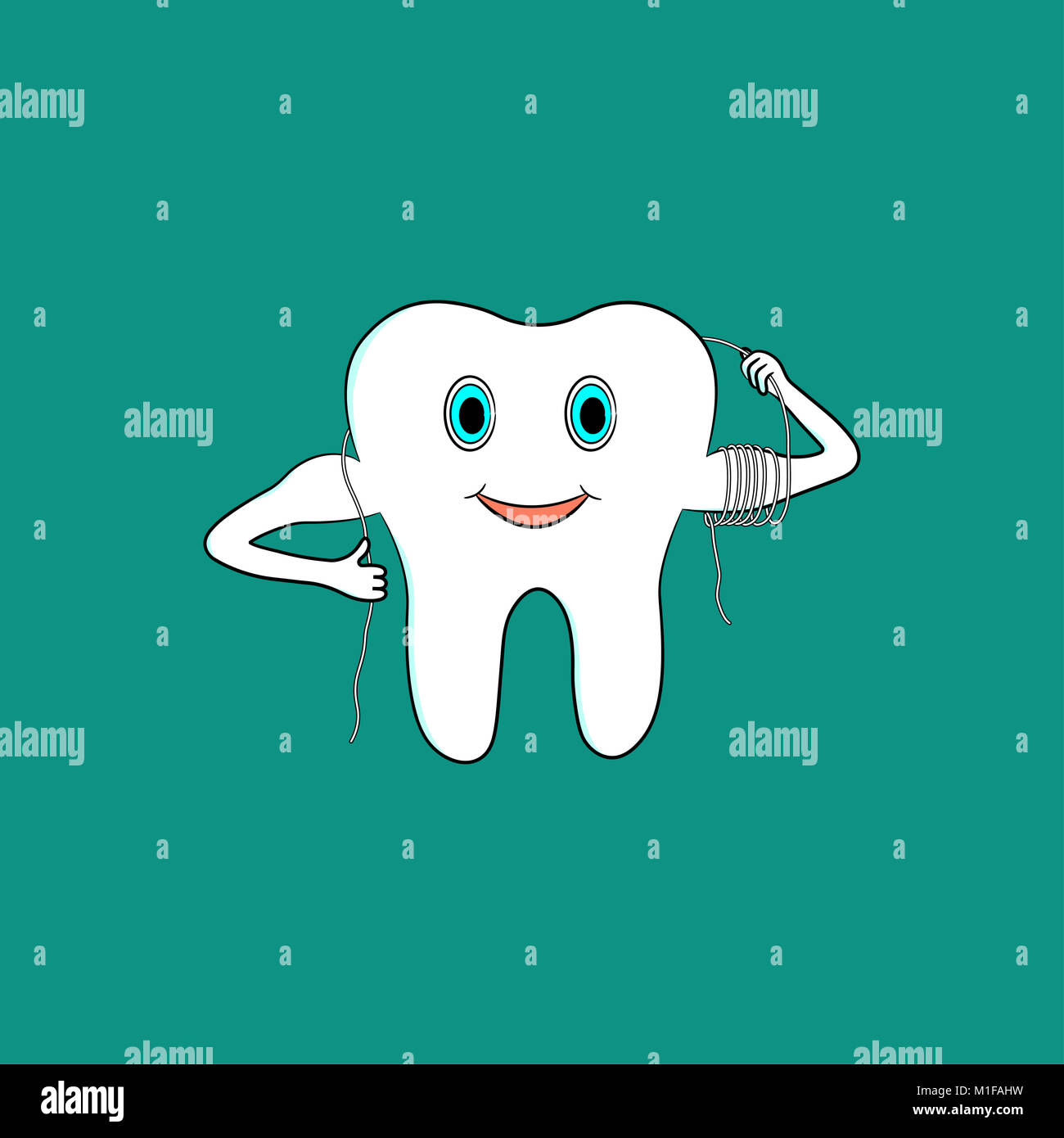Cartoon tooth uses dental floss. Vector illustration Stock Photo