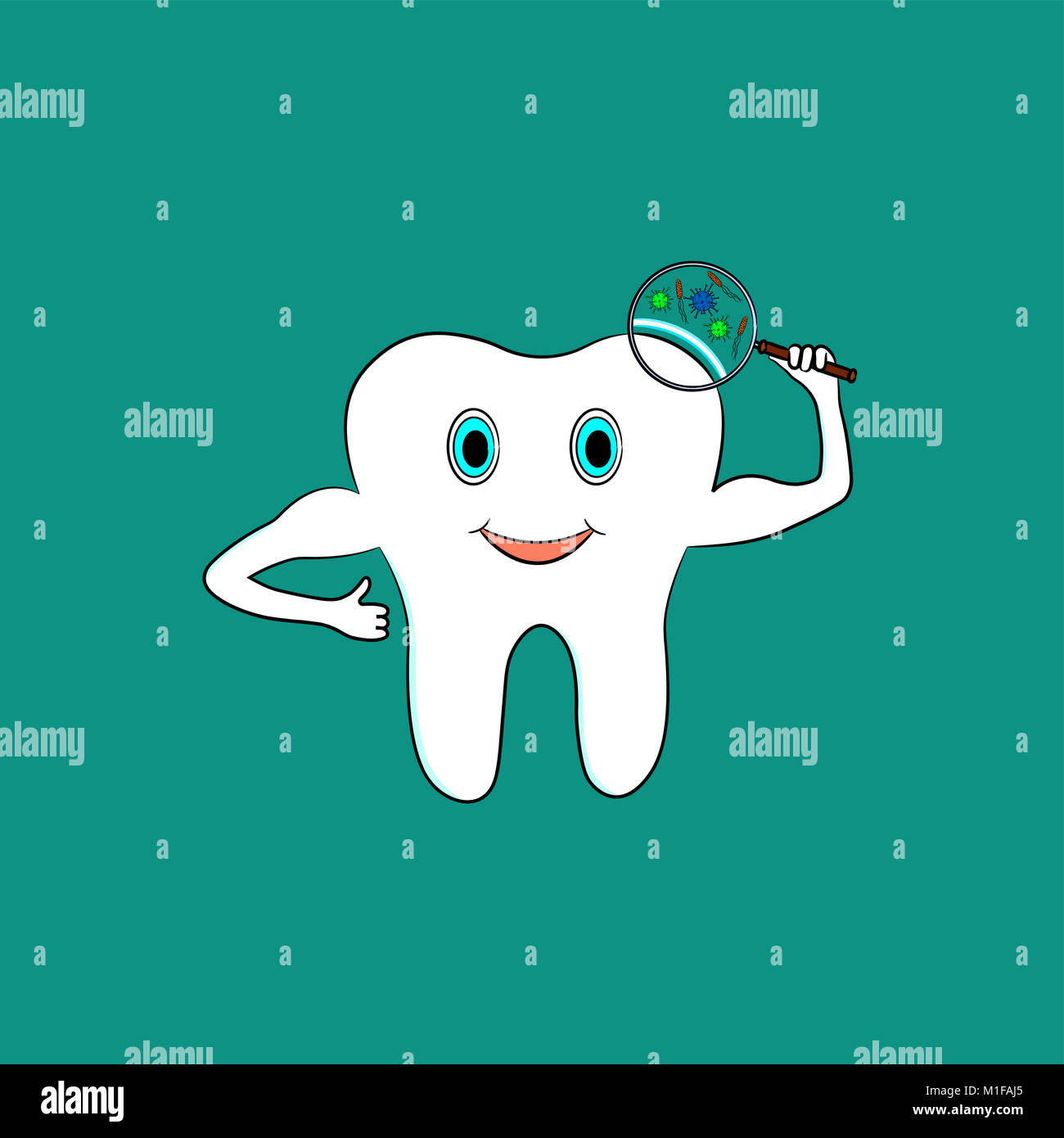 The cartoon tooth is protected from harmful bacteria. Vector illustration Stock Photo