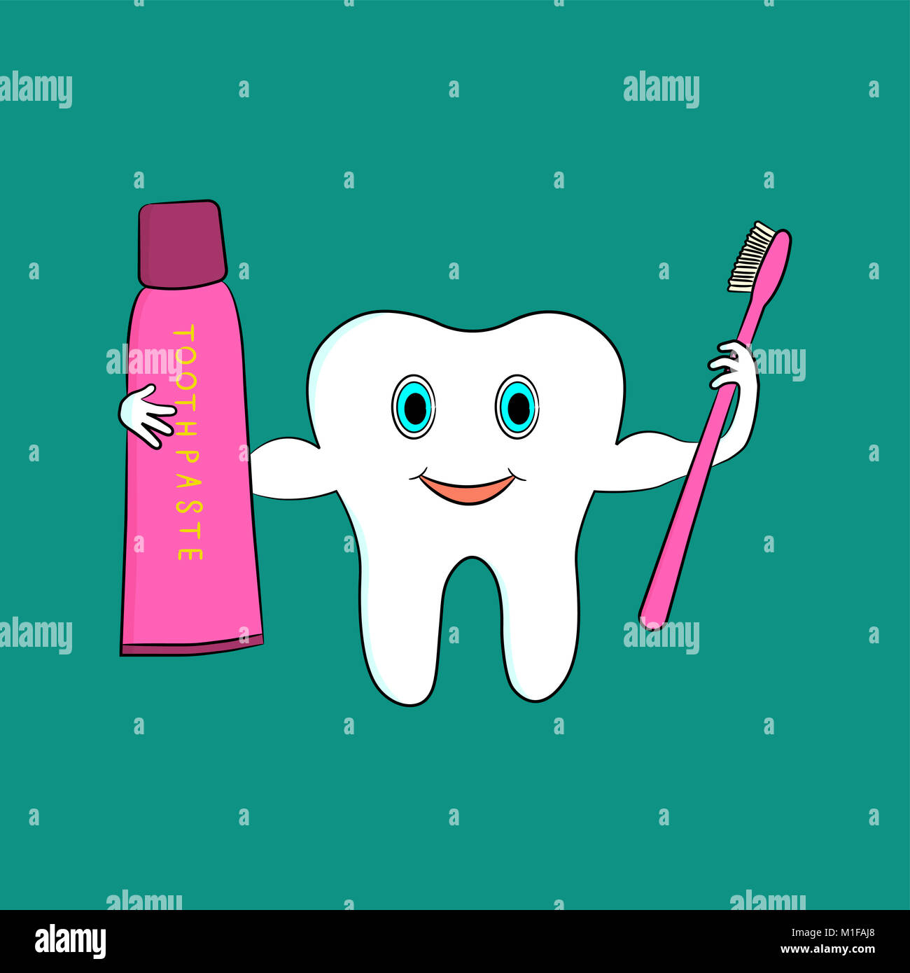 A cartoon tooth holds a toothbrush and toothpaste. Vector illustration Stock Photo