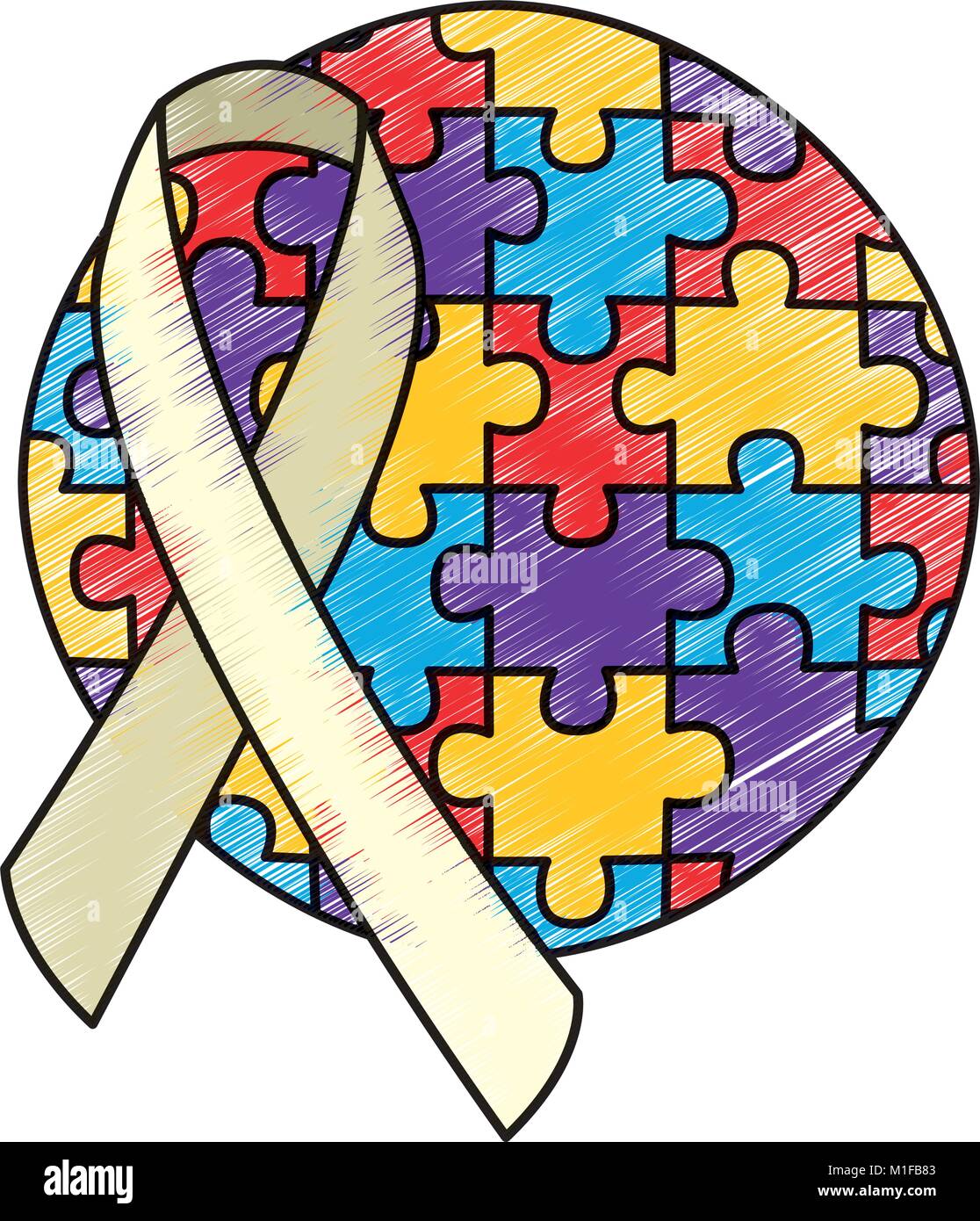 round puzzle pieces with ribbon autism emblem Stock Vector Image & Art