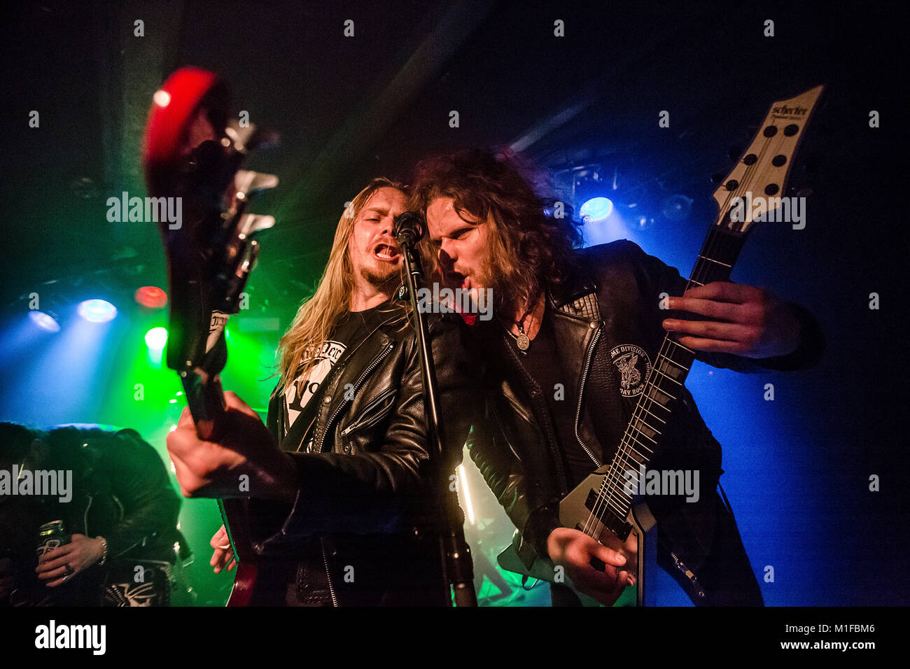 The Norwegian heavy metal band Chrome Division performs a heavy metal festival Blastfest 2016 in Bergen. Here guitarist Kjell Aage Karlsen is seen live on stage with bass player Ogee. Norway, 18/02 2016. Stock Photo