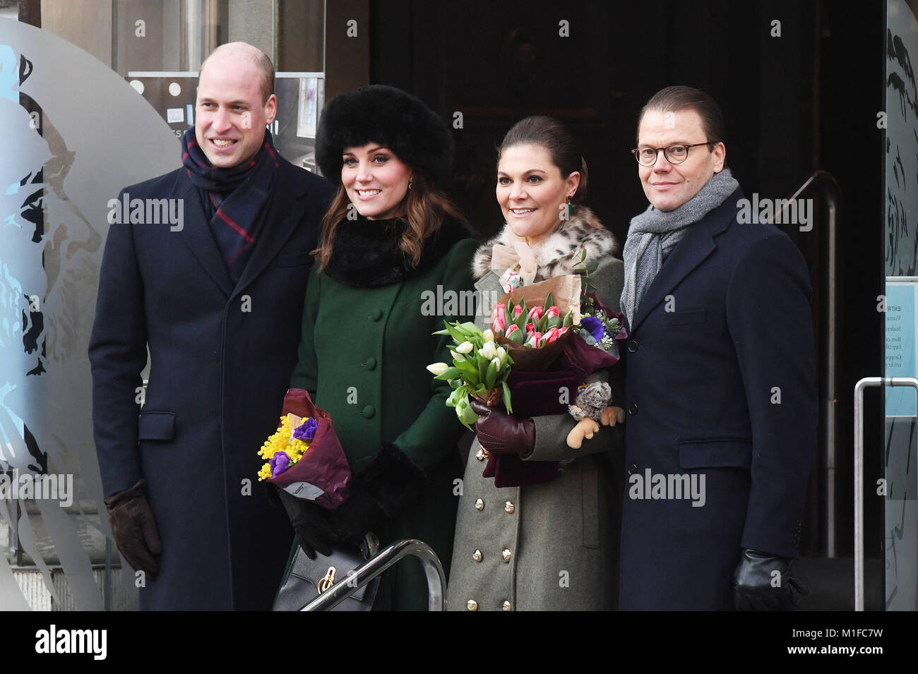 The Duke and Duchess of Cambridge, accompanied by Crown Princess Victoria and Prince Daniel of Sweden, walk from the Royal Palace of Stockholm to the Nobel Museum on the first day of their visit to Sweden. Stock Photo