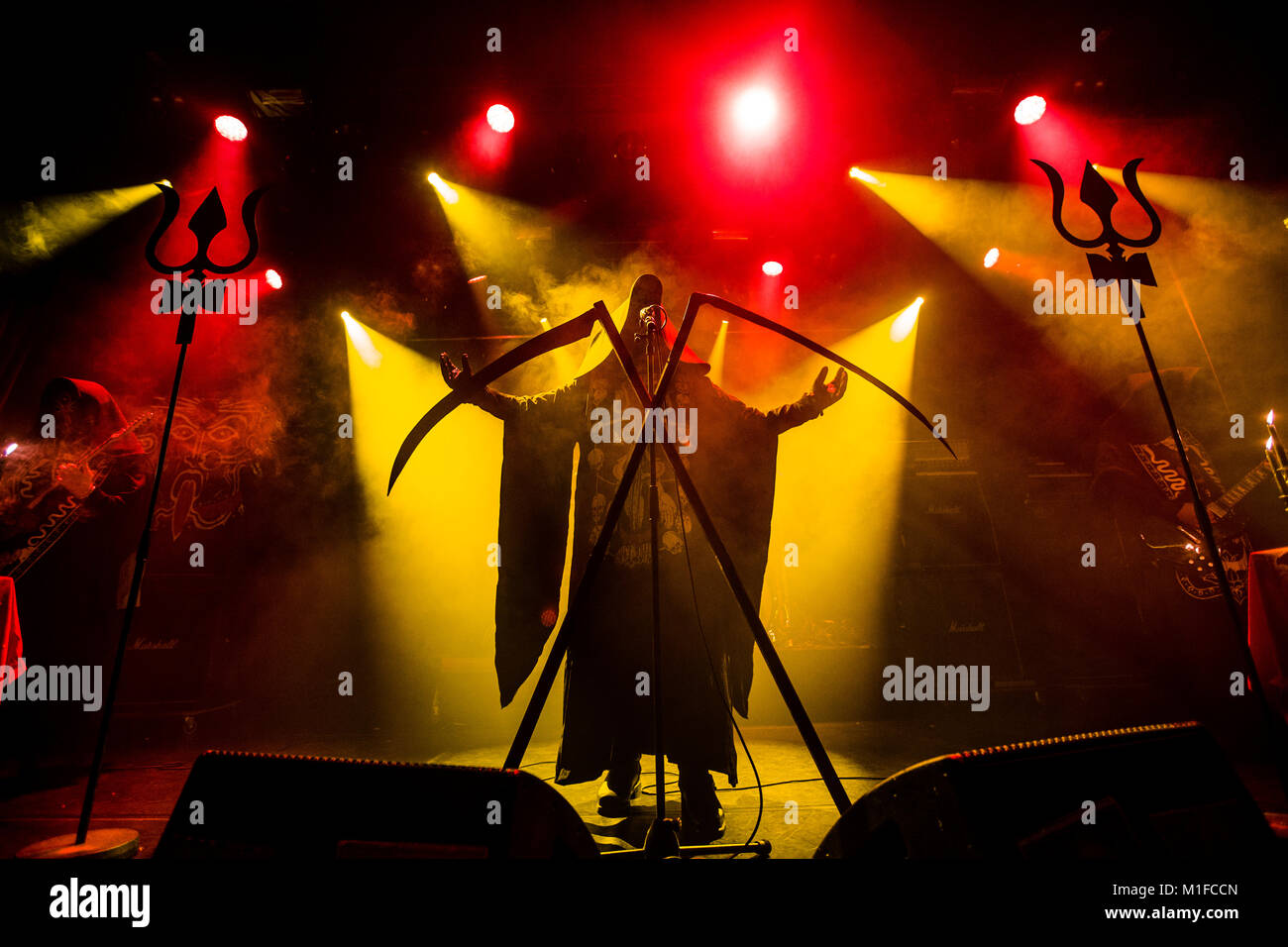 Norway, Bergen - August 24, 2017. The Czech black metal band Cult of Fire performs a live concert at the Norwegian metal festival Beyond the Gates 2017 in Bergen. Here vocalist Devilish is seen live on stage. (Photo credit: Gonzales Photo / Jarle H. Moe). Stock Photo
