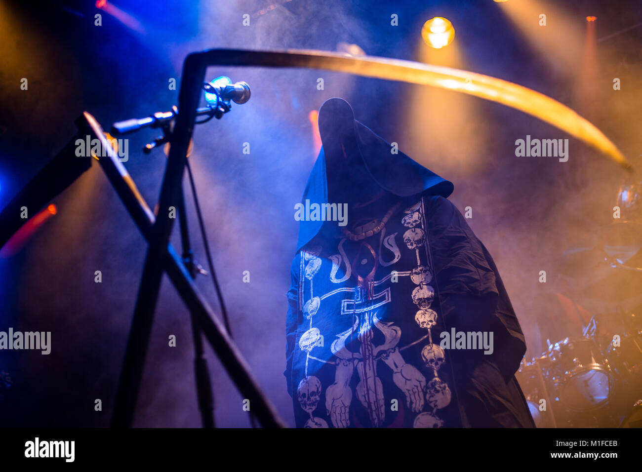 Norway, Bergen - August 24, 2017. The Czech black metal band Cult of Fire performs a live concert at the Norwegian metal festival Beyond the Gates 2017 in Bergen. Here vocalist Devilish is seen live on stage. (Photo credit: Gonzales Photo / Jarle H. Moe). Stock Photo