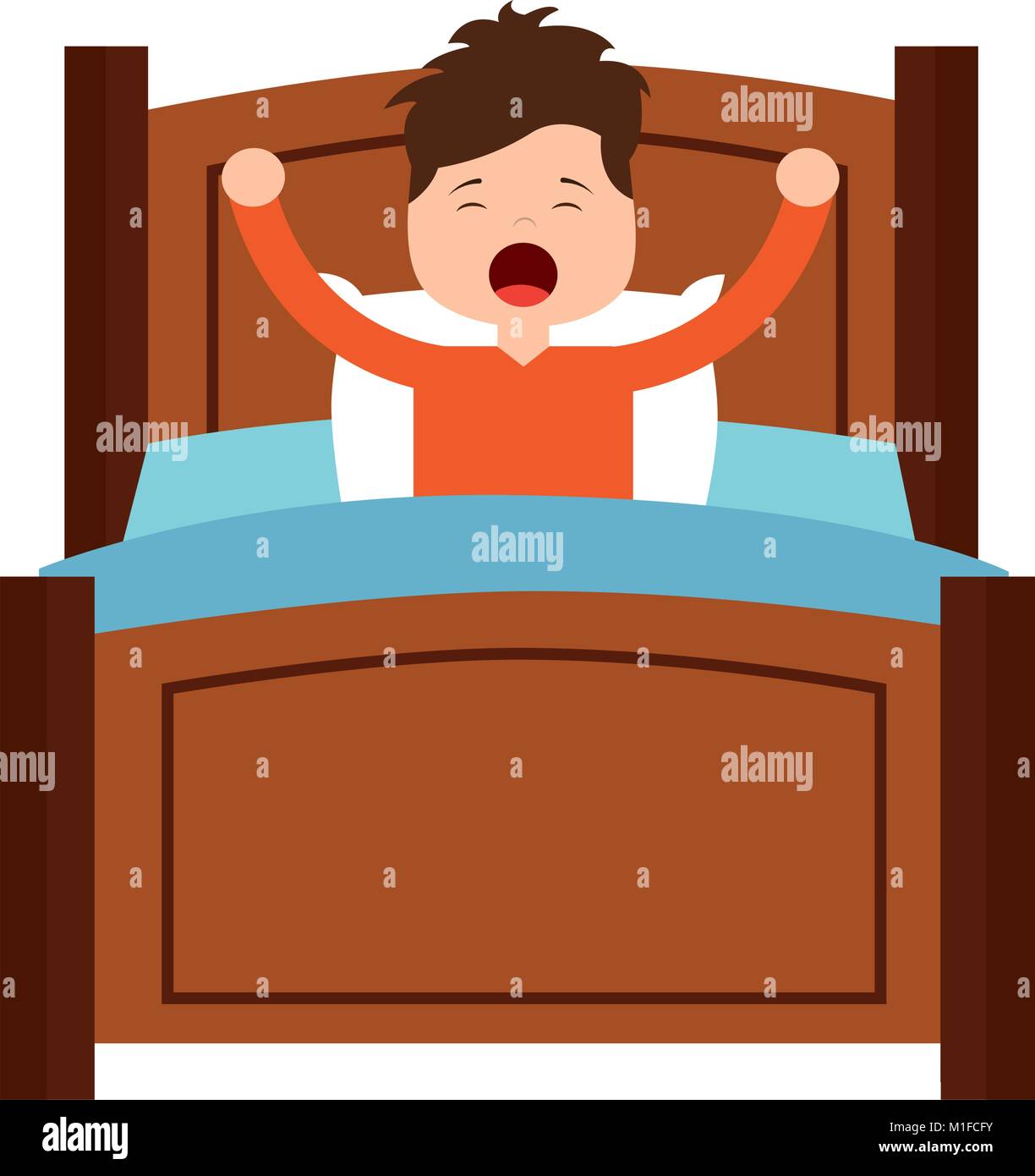 boy wake up stretching in wooden bed Stock Vector