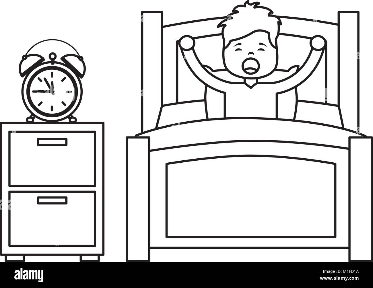 boy wake up stretching in wooden bed with bedside table clock Stock Vector