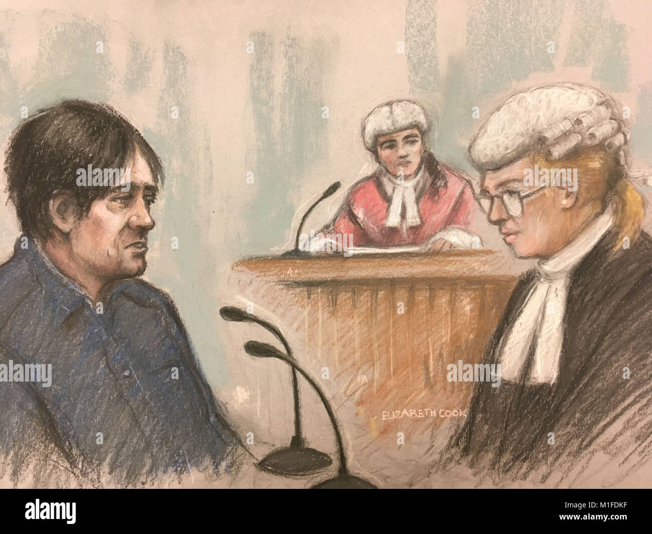 Court artist sketch by Elizabeth Cook of Darren Osborne in the witness box with Defence barrister Lisa Wilding QC (right) at Woolwich Crown Court in London where denies murder and attempted murder after driving a van into worshippers. Stock Photo