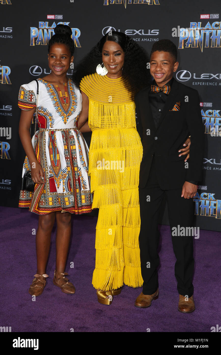 Los Angeles, Ca, USA. 29th Jan, 2018. Angela Bassett, Bronwyn Vance, Slater Vance, at Marvel Studios' World Premiere of Black Panther at The Dolby Theater in Los Angeles, California on January 29, 2018. Credit: MediaPunch Inc/Alamy Live News Stock Photo