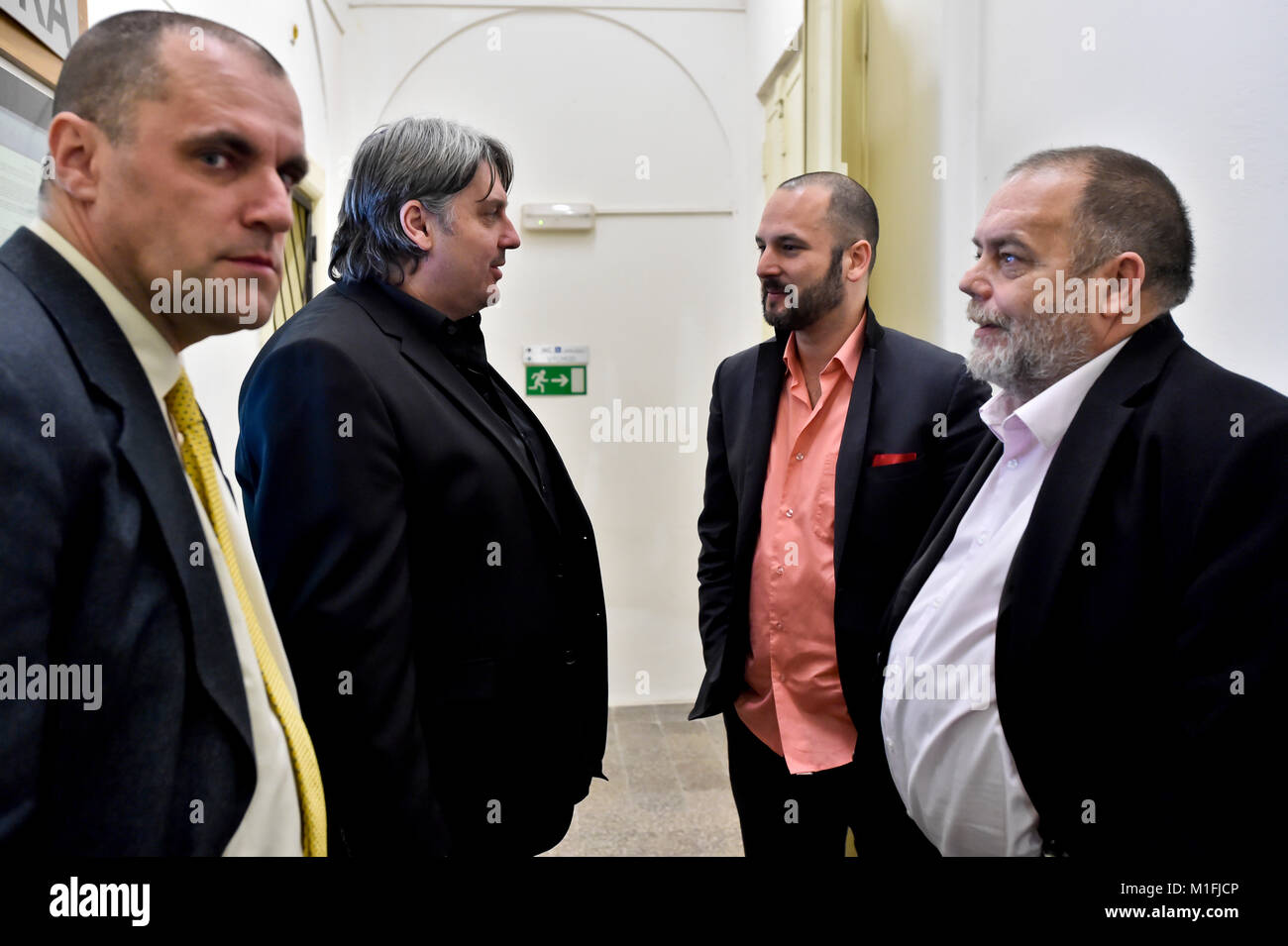 Prague, Czech Republic. 30th Jan, 2018. Kidnapped Czechs L-R Miroslav Dobes, Pavel Kofron, Adam Homsi and Jan Svarc wait to court hearing in Prague, Czech Republic, on Tuesday, January 30, 2018. The Czechs who were kidnapped in Lebanon in 2015 have no right to a compensation worth 40 million crowns, as a court dismissed today their complaint about the state's failure to prevent the abduction and said it found no mistake on the part of state bodies. The verdict is not definitive and can be appealed. Credit: Vit Simanek/CTK Photo/Alamy Live News Stock Photo