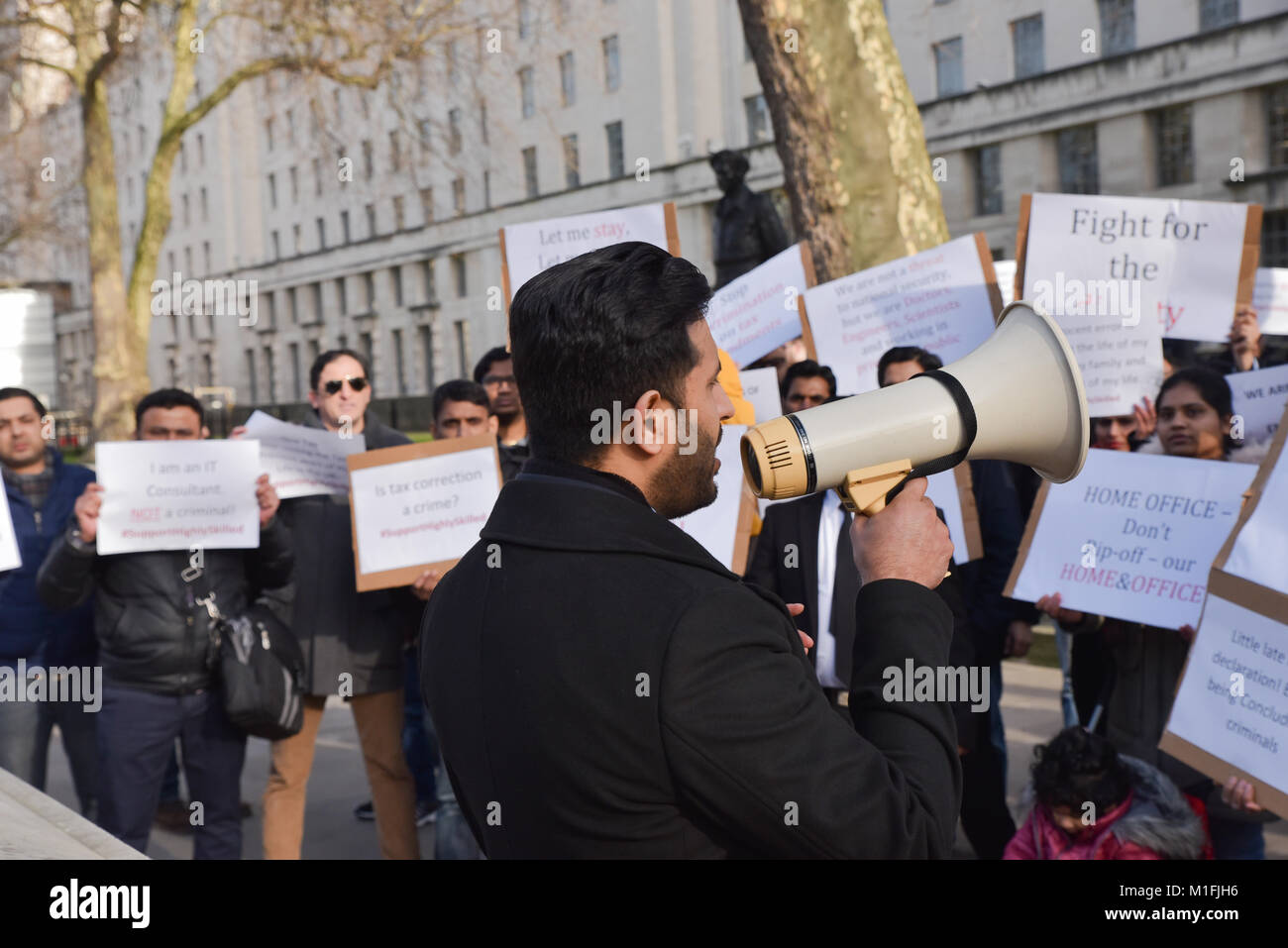 Whitehall, London, UK. London, UK. 30th January 2018. Protest  opposite Downing Street by: Highly Skilled Against Injustice by The Home Office. Professional people who state  "We are a group of Highly skilled migrants who have been suffering because of injustice done by the Home Office" Credit: Matthew Chattle/Alamy Live News Stock Photo