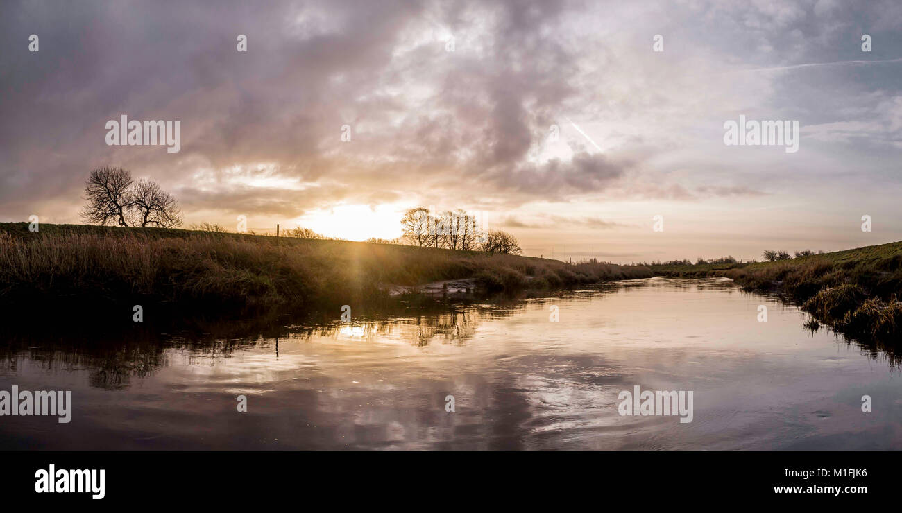River Wyre, Gret Eccleston, Lancashire. 30th January 2018. Drone Composite Panorama of the sunrise over the River Wyre. Credit: Russell Millner/Alamy Live News Stock Photo