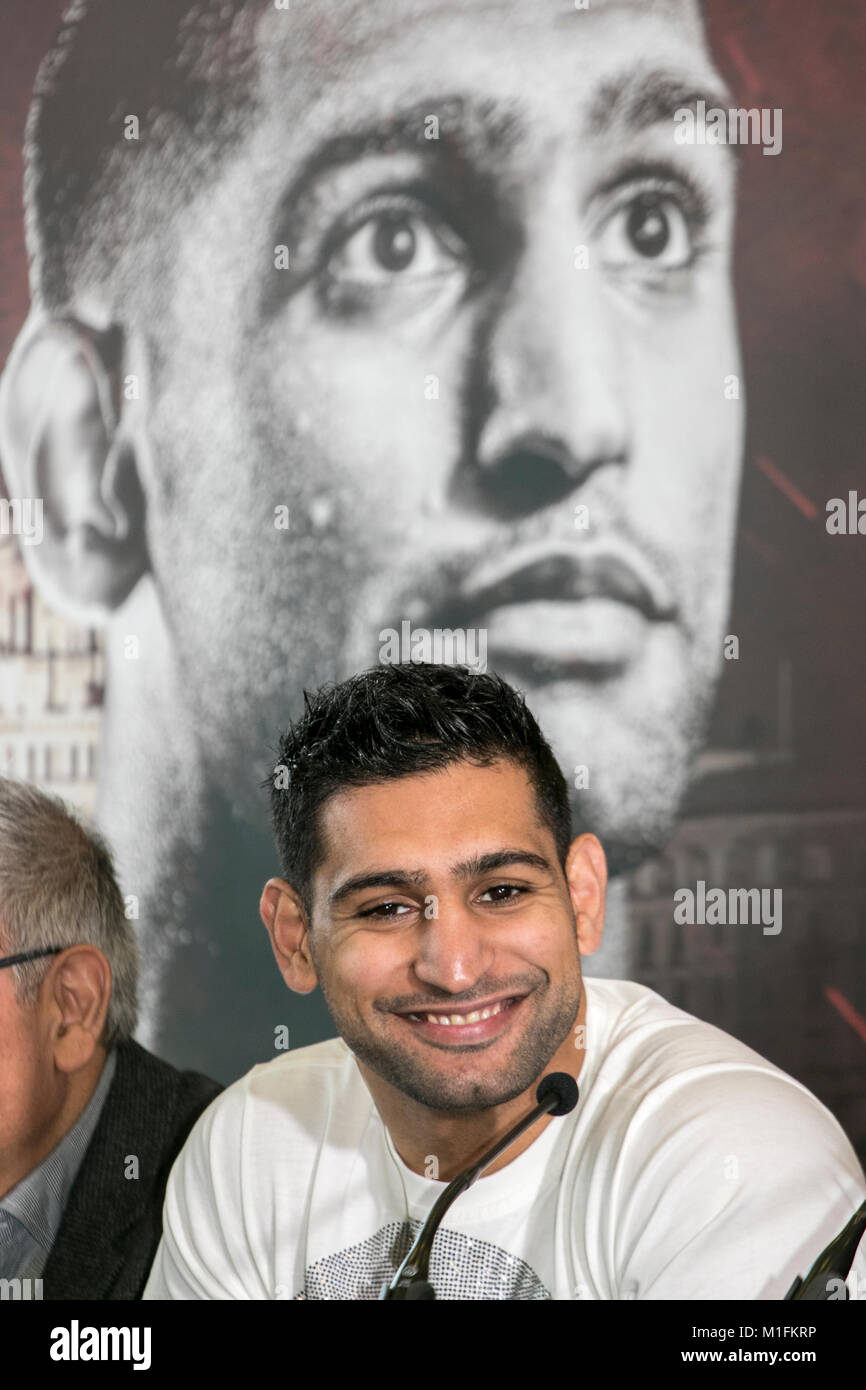 Hilton Hotel, Liverpool. 30th January 2018. Amir Khan Vs. Phil Lo Greco Press Conference,  The hugely anticipated pre fight press conference between Amir Khan and Phil Lo Greco erupts into violence as Lo Greco makes insults referring to Khan's personal life.  Khan makes his ring return after a two year absence as he announces his upcoming fight on 21 April at the Echo Arena, Liverpool.  Credit: Cernan Elias/Alamy Live News Stock Photo