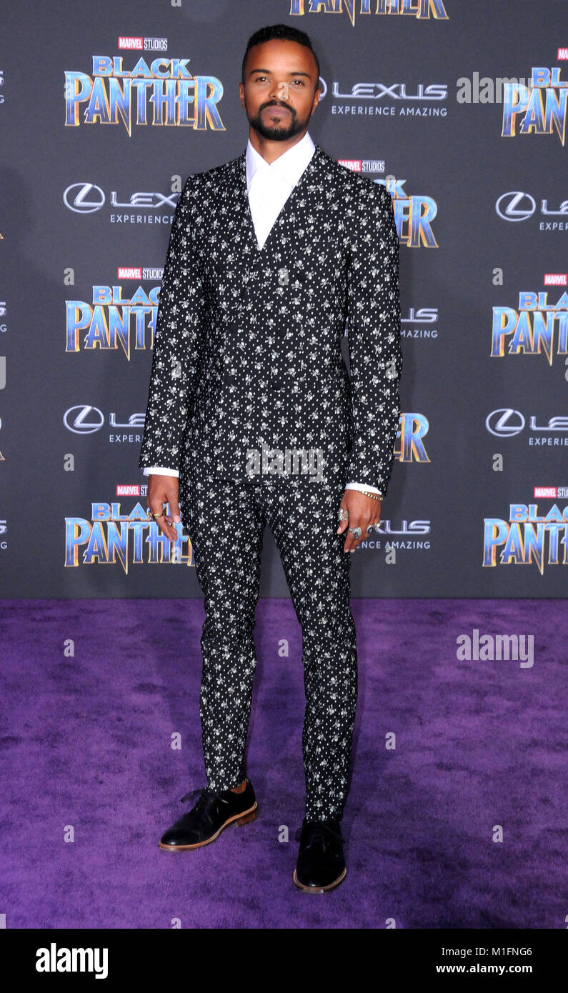 LOS ANGELES, CA - JANUARY 29: Actor Eka Darville attends the World Premiere of Marvel Studios' 'Black Panther' at Dolby Theatre on January 29, 2018 in Los Angeles, California. Photo by Barry King/Alamy Live News Stock Photo