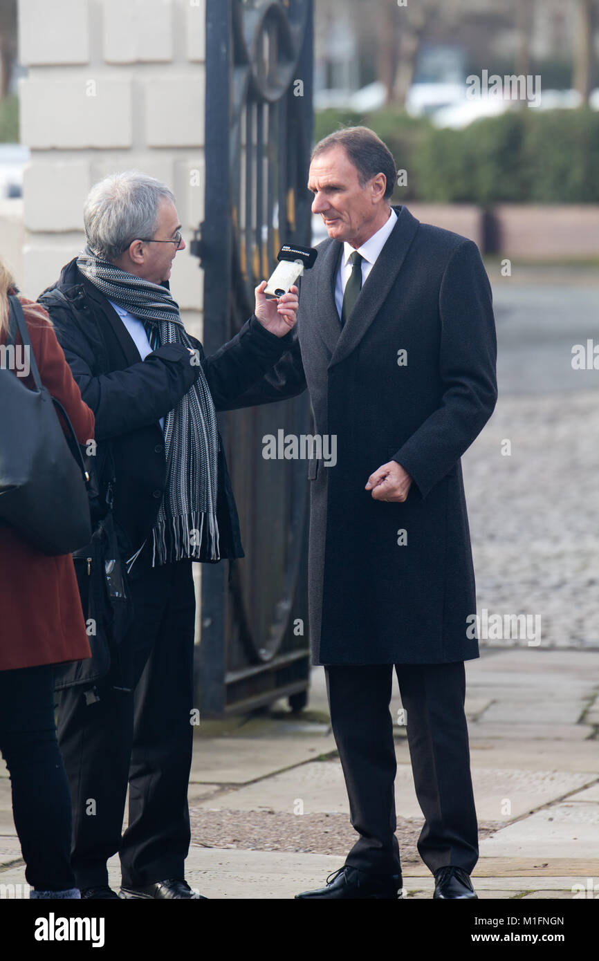 Warrington, Liverpool, UK. 30th Jan, 2018. Ex Liverpool player Phil Thompson attends the funeral of former Liverpool FC goalkeeper Tommy Lawrence, at St Elphin's Parish Church, Church St, Warrington. Credit: ken biggs/Alamy Live News Stock Photo