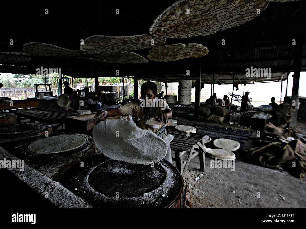 December 8, 2012 - Maturin, Monagas, Venezuela - december 09, 2012.  Tenderers start the cooking of the cakes in the budares.The casabe or cazabe is part of the tradition of the Venezuelan as its indigenous people elaborated it and it is known as the Venezuelan bread. In the city of Maturâ€™n, Monagas state. Venezuela .foto: Juan Carlos Hernandez (Credit Image: © Juan Carlos Hernandez via ZUMA Wire) Stock Photo