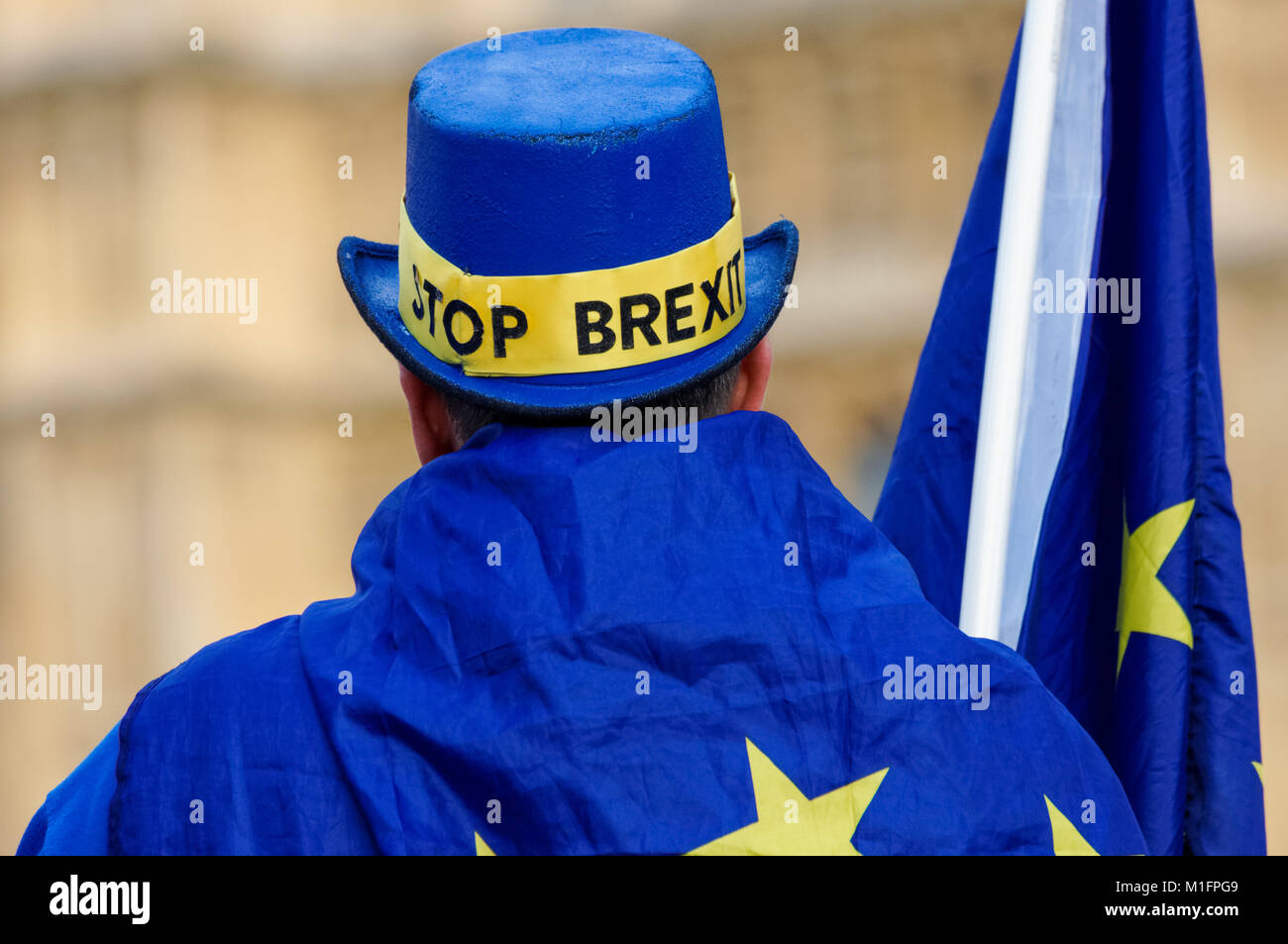 Anti-Brexit protester demonstrates outside the Houses of Parliament in London, England, United Kingdom, UK Stock Photo