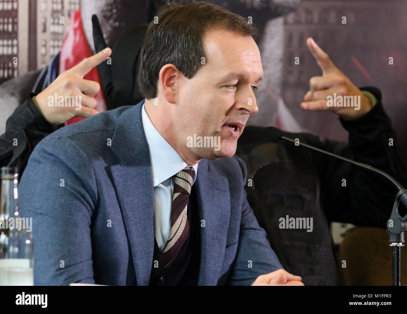 Hilton Hotel, Liverpool. 30th January 2018. Sky’s Head of Boxing Adam Smith. Amir Khan vs. Phil Lo Greco Press Conference. Boxers promoted by Eddie Hearn gather at the pre fight press conference between Amir Khan and Phil Lo Greco.  After Lo Greco makes insults referring to Khan's personal life a melee and heated exchange ensues.  Khan makes his ring return after a two year absence as he announces his upcoming fight on 21 April at the Echo Arena, Liverpool.  Credit: MediaWorldImages/Alamy Live News. Stock Photo