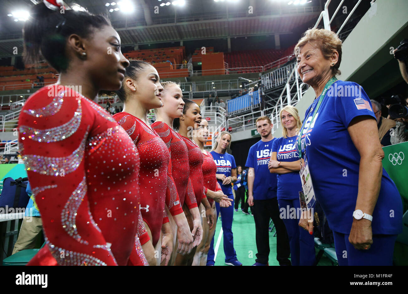 FILE PHOTO: 2016 Rio Olympics - Gymnastics training - Rio Olympic Arena - Rio de Janeiro, Brazil. 04th Aug, 2016. (From L) Simone Biles (USA) of USA, Laurie Hernandez (USA) of USA, Madison Kocian (USA) of USA, Gabrielle Douglas (USA) of USA (Gabby Douglas) and Alexandra Raisman (USA) of USA (Aly Raisman) speak to team coordinator Martha Karolyi (R) during training. REUTERS/Damir Sagolj/File Photo FOR EDITORIAL USE ONLY. NOT FOR SALE FOR MARKETING OR ADVERTISING CAMPAIGNS. Credit: Gtres Información más Comuniación on line, S.L./Alamy Live News Stock Photo