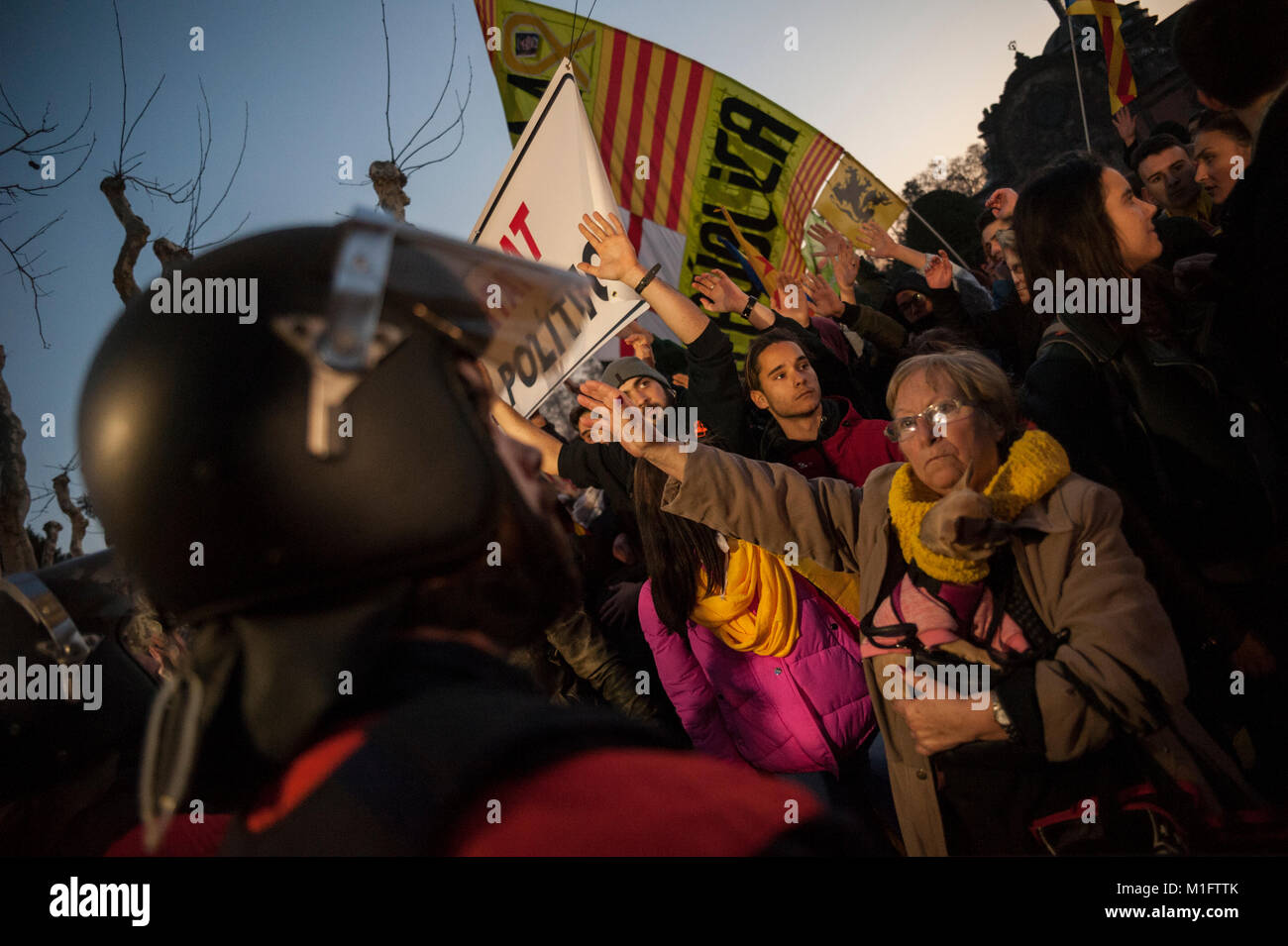 Barcelona, Spain. 30 jan, 2018. Hundreds of people concentrated at the gates of the park of the 'Ciudadela' have managed to break the security cord set by the autonomic police 'mosses de escuadra' and have reached the doors of the Catalan parliament. Today Carles Puigdemont was chosen as president of the Generalitat de Catalonia, but the ruling of the constitutional court they decided to postpone the appointment. Credit: Charlie Perez/Alamy Live News Stock Photo