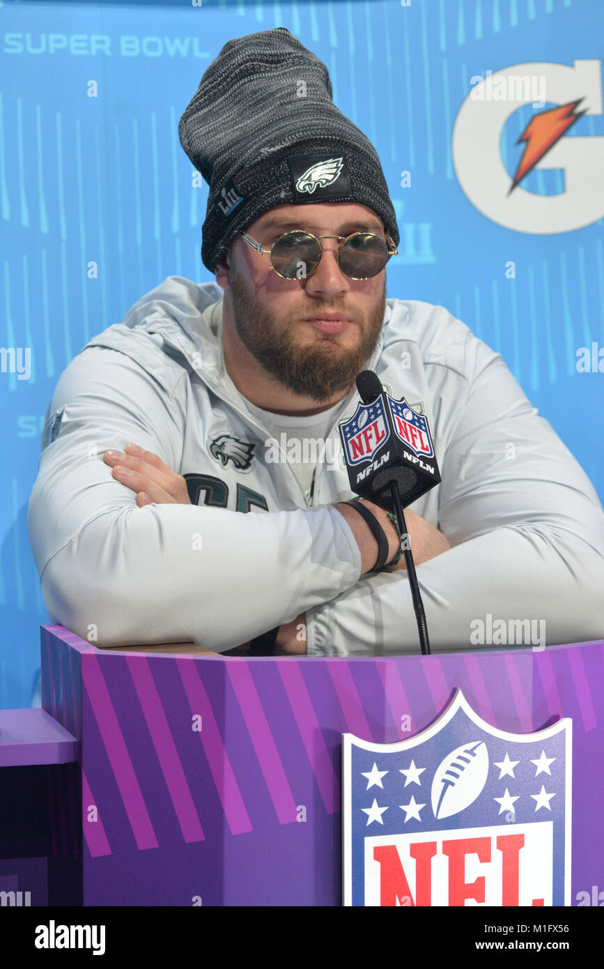 St Paul, Minnesota, USA. 29th Jan, 2018. -Lane Johnson of the Philadelphia Eagles gives an interview at the official Superbowl Lll Press Conference at the Xcel Arena. The New England Patriots and the Philadelphia Eagles and their coaches spoke to over 3,000 media personnel from around the world at the Xcel Arena. Credit: csm/Alamy Live News Stock Photo