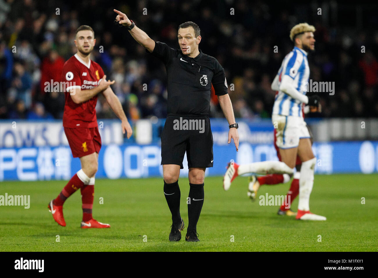 Huddersfield, UK. 30th Jan, 2018. Referee Kevin Friend during the Premier League match between Huddersfield Town and Liverpool at John Smith's Stadium on January 30th 2018 in Huddersfield, England. (Photo by Daniel Chesterton/phcimages.com) Credit: PHC Images/Alamy Live News Stock Photo