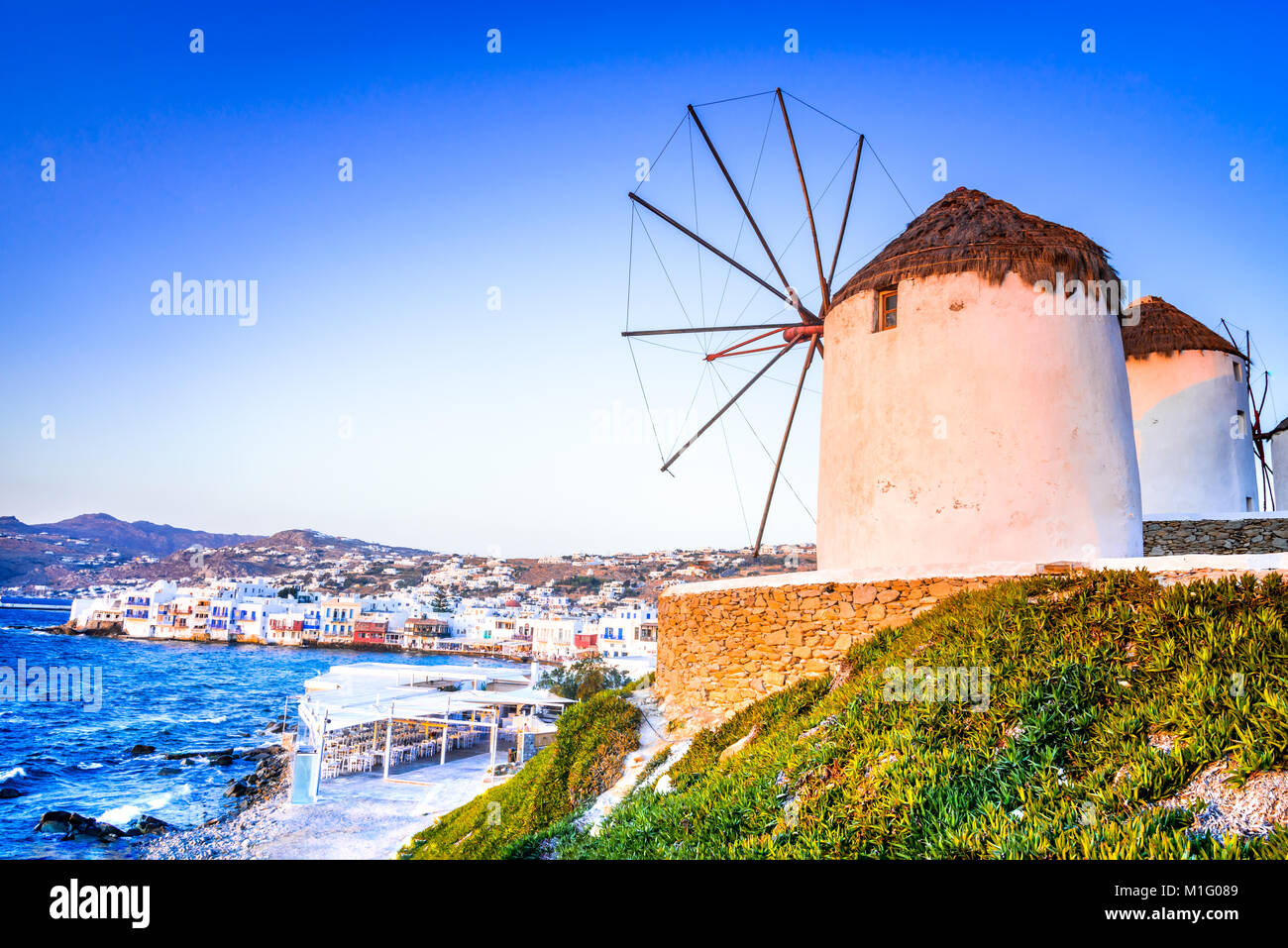Mykonos, Greece. Windmills Kato Mili are iconic feature of the Greek island of the Mikonos, Cyclades Islands. Stock Photo