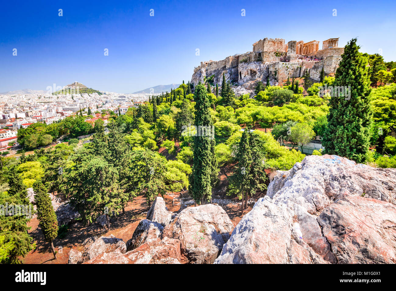 Athens, Greece. Acropolis, ancient ruins of Greek Civilization citadel with Erechtheion temple. Stock Photo