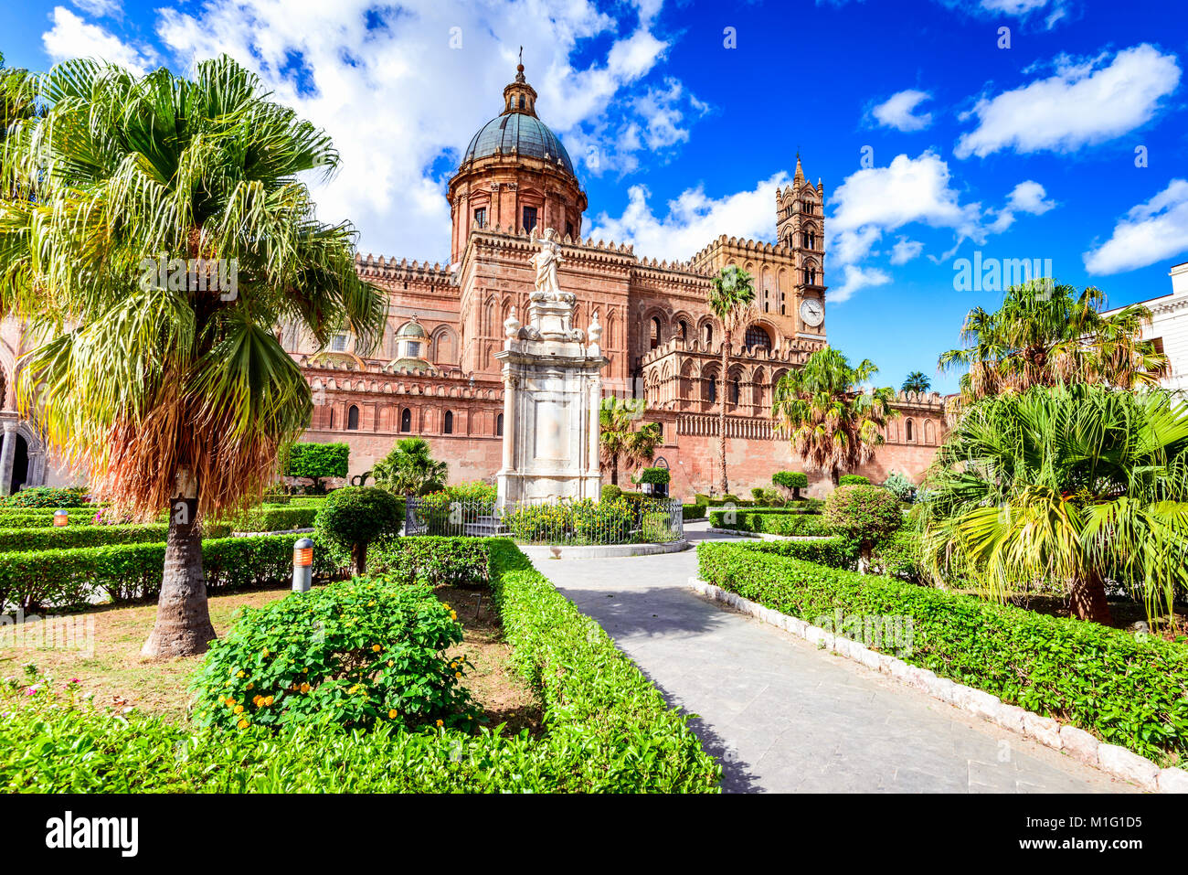 Palermo, Sicily. Twilight view Norman Cathedral of Assumption the Virgin Mary, medieval Italy. Stock Photo