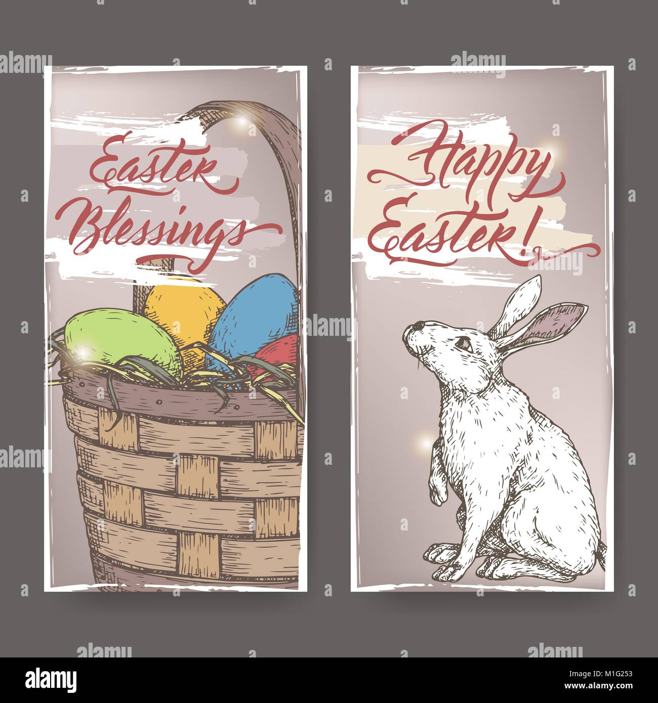 2 color Easter greeting cards with bunny and eggs in wicker basket ...