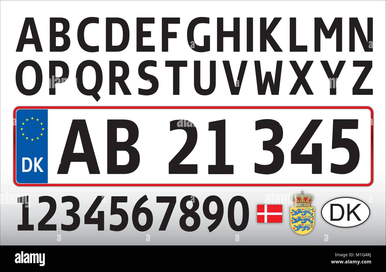 Danish car plate, letters, numbers and symbols traffic sign Stock Vector