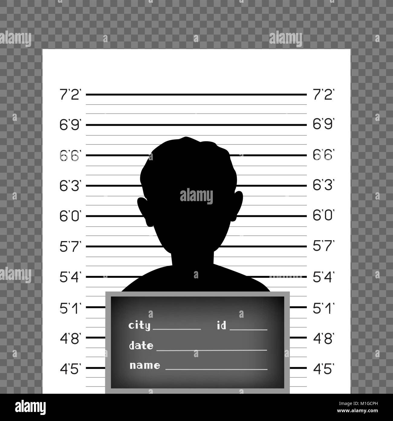 Prisoner silhouette front with police data board on wall scale background Stock Vector