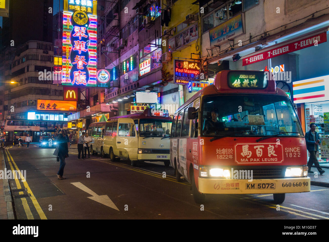 Hong Kong Mini Bus at Night in Jordan Stock Photo