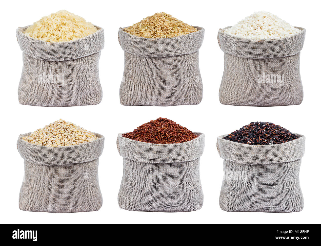 Different types of rice isolated on white background Stock Photo
