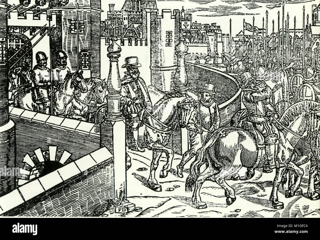 HENRY SIDNEY (1529-1586) rides out from Dublin Castle as Lord Deputy of Ireland Stock Photo
