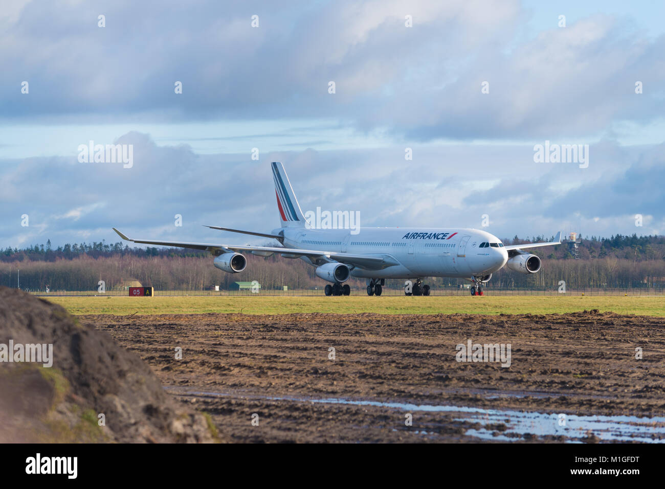 ENSCHEDE, NETHERLANDS - JANUARY 20, 2018: Air France airbus A340-300 at Twente Enschede airport to be recycled Stock Photo