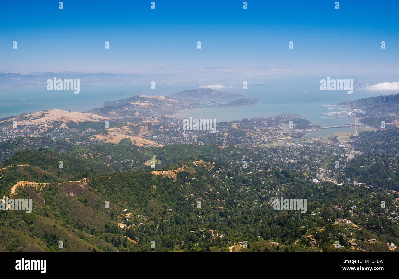 High angle view of Sausalito and the north bay suburbs from Mt. Tamalpais, Marin County, California. Stock Photo