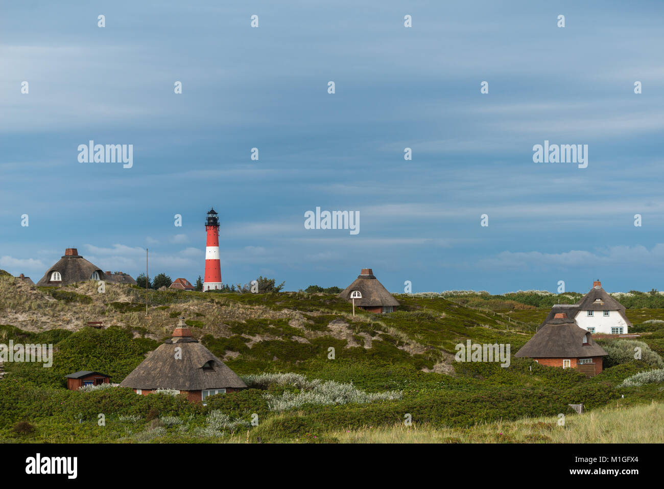 Holiday homes on the dunes of southern Sylt, island of the rich and beauty, Hörnum lighthouse, Hoernum, Sylt, Schleswig-Holstein, Germany, Europe Stock Photo
