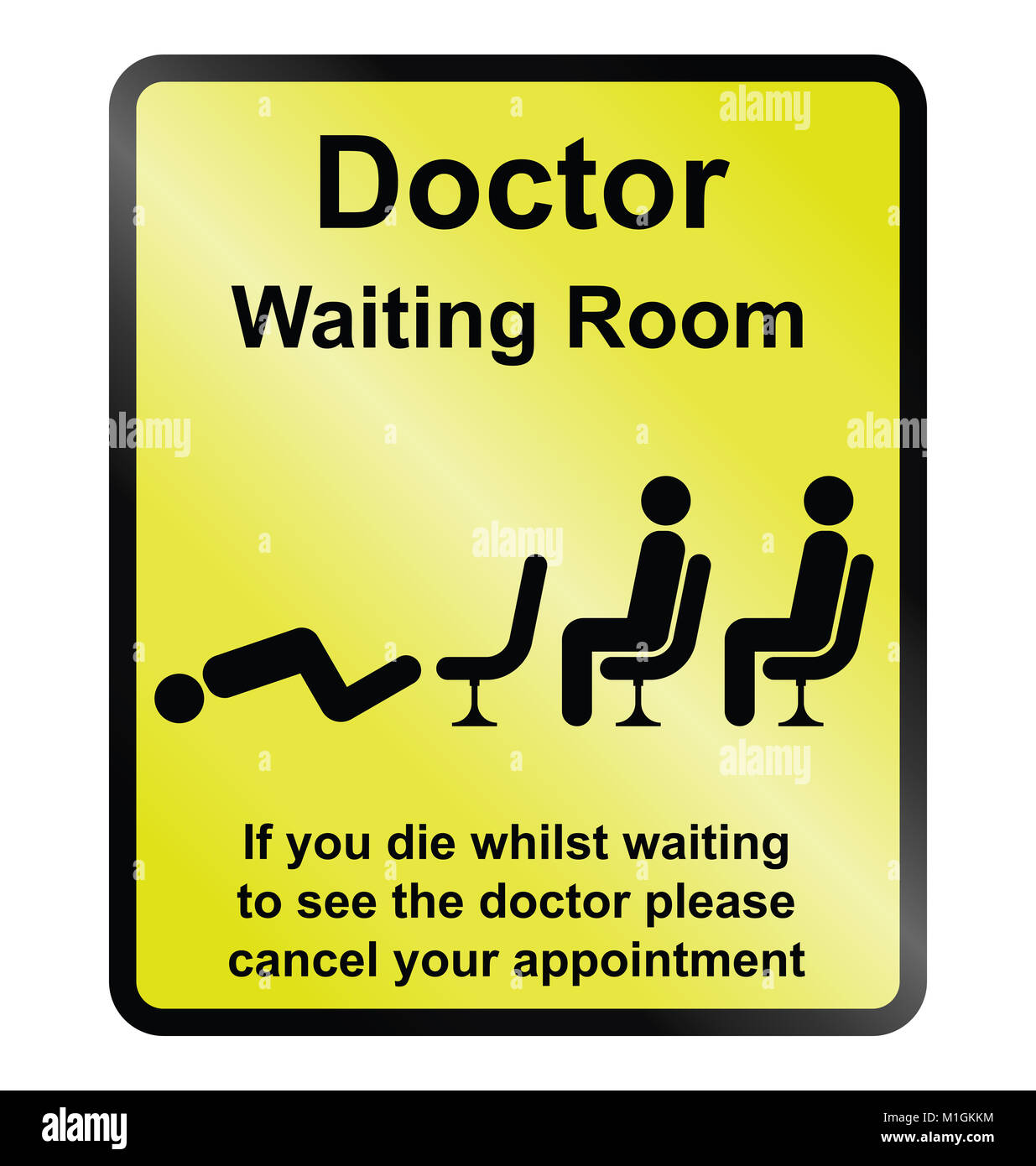 Comical doctors waiting room public information sign isolated on yellow background Stock Photo