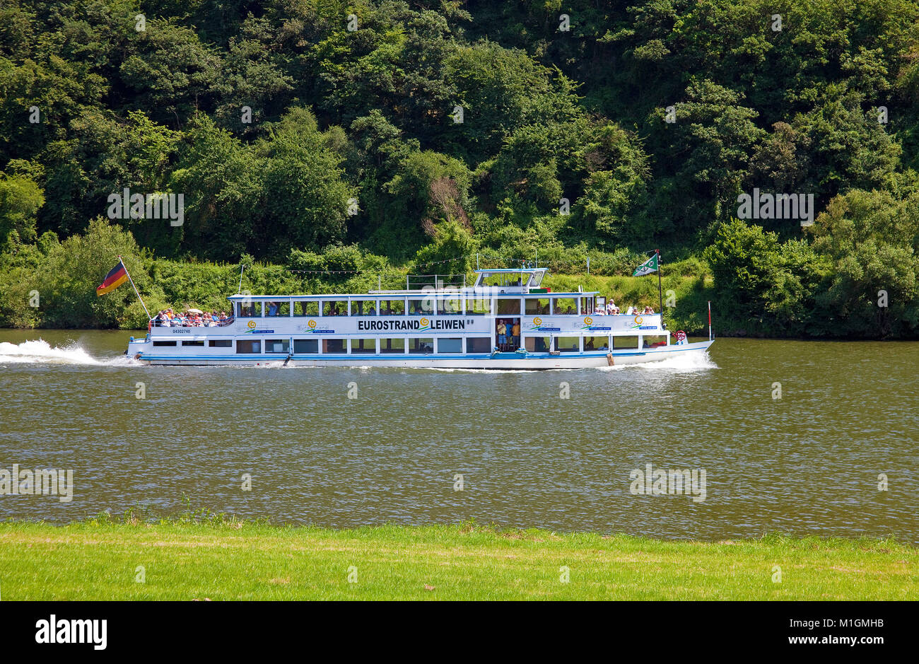 Excursion ship on Moselle river, Kroev, Rhineland-Palatinate, Germany, Europe Stock Photo