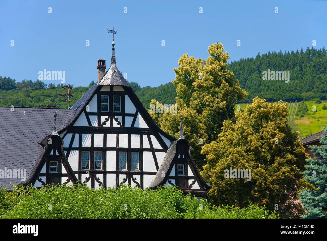 Vineyard Three Gable house, 300 hundred years old half-timbered house, gastronomy at beautiful garden, Kroev, Moselle, Rhineland-Palatinate, Germany Stock Photo