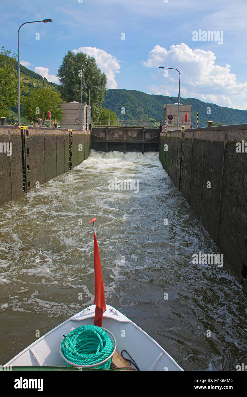 Floodgate at Moselle village Wintrich, Moselle river, Rhineland-Palatinate, Germany, Europe Stock Photo